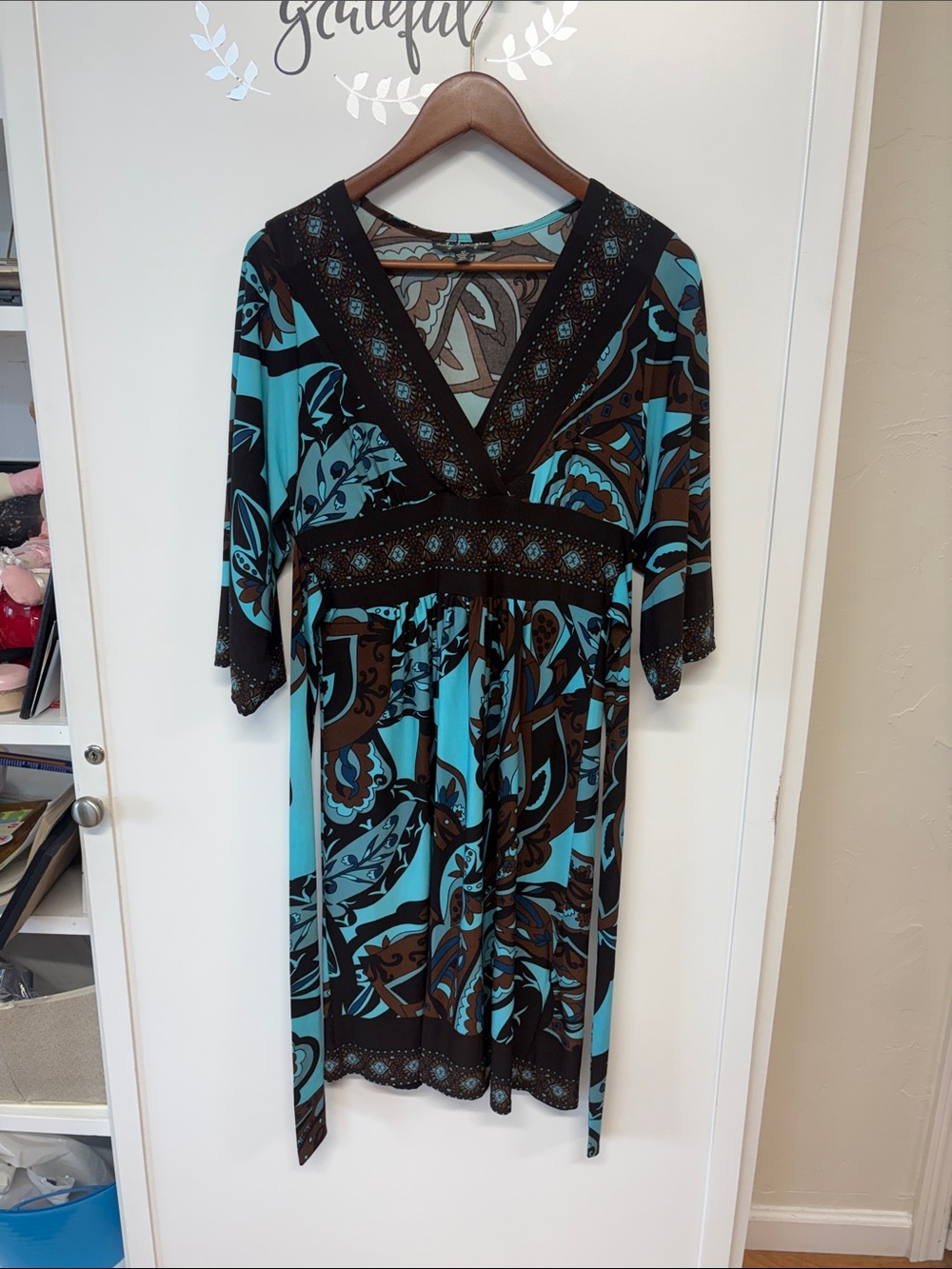 City Triangles Brown & Teal Printed V-Neck Midi Dress